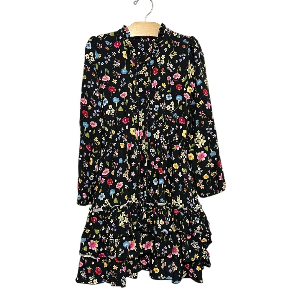 Monnalisa Girls Black Floral Ruffle Dress Size 8 Made In Italy Ruffles